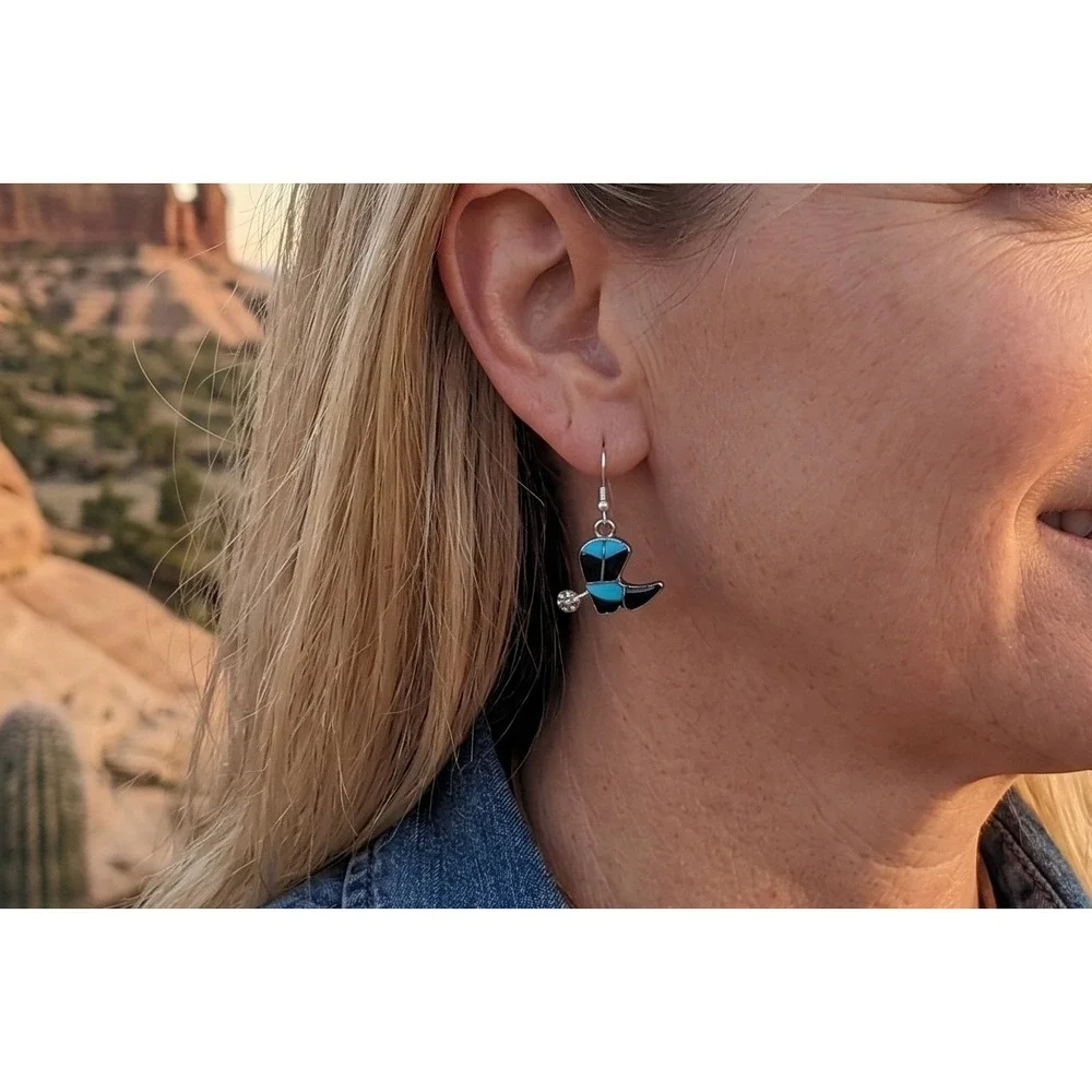 Zuni Silver Cowboy Boot Earrings Turquoise Inlay Western Dangle Signed K Quam **